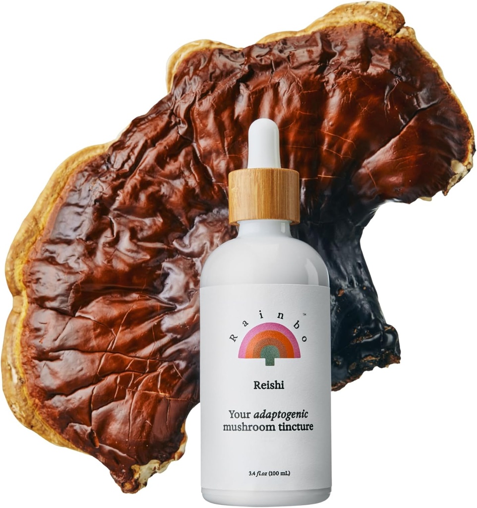 Rainbo - Teinture de champignons Reishi - Supplément de champignons à double extrait - Immunissance, humeur, sommeil, supplément de reishi liquide, végétalien, non OGM, 3,4 fl oz