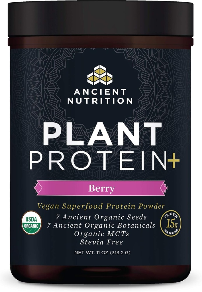 Poudre de protéines à base de plantes de nutrition ancienne, Protéines végétales+, Berry, supplément végétalien biologique, 15g de protéines par service, idéal pour les shakes de protéines, sans gluten, Paléo Friendly 12 portions