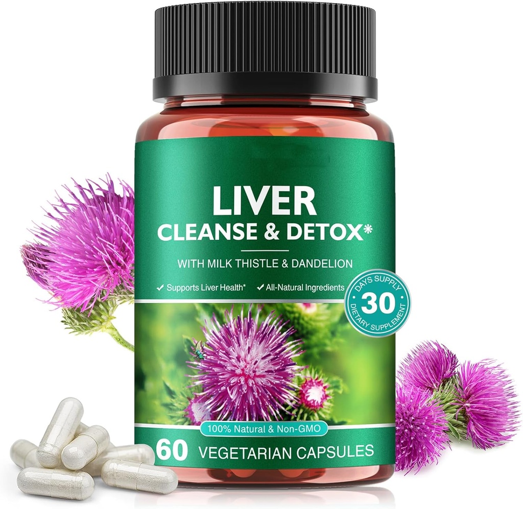 Nettoyage du foie et des pilules de désintoxication pour la réparation du foie - avec extrait de chardon de lait, racine de dandelion, gingembre, poudre de betterave et vitamines - soutien naturel du foie, 60 capsules végétaliennes