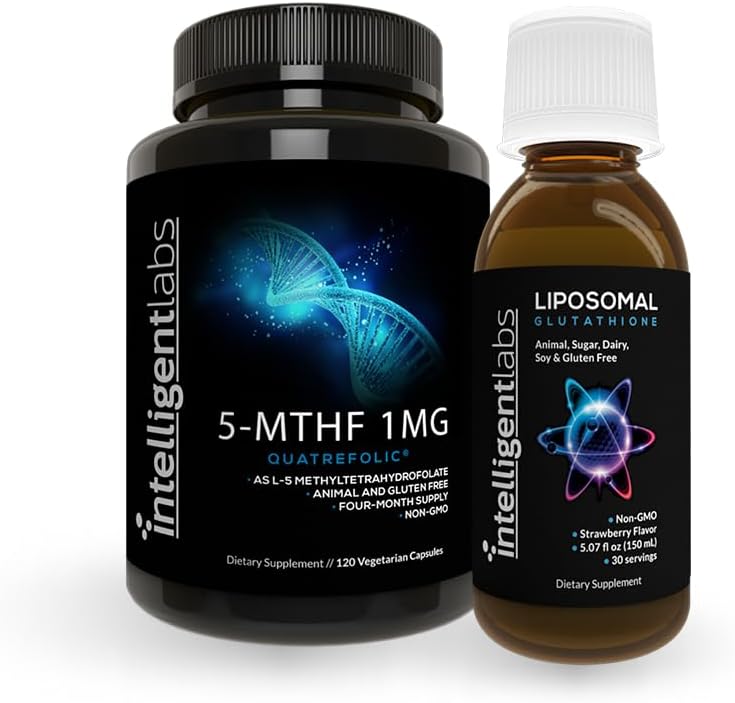 Laboratoires intelligents 2-en-1 Groupe de 500MG de glutathion liposomique (Supplément antioxydant liquid) et 1MG de 5-MTHF de méthylfolate sous forme d'acide quadrisolique® (Supplément MTHFR pour support de méthylation)