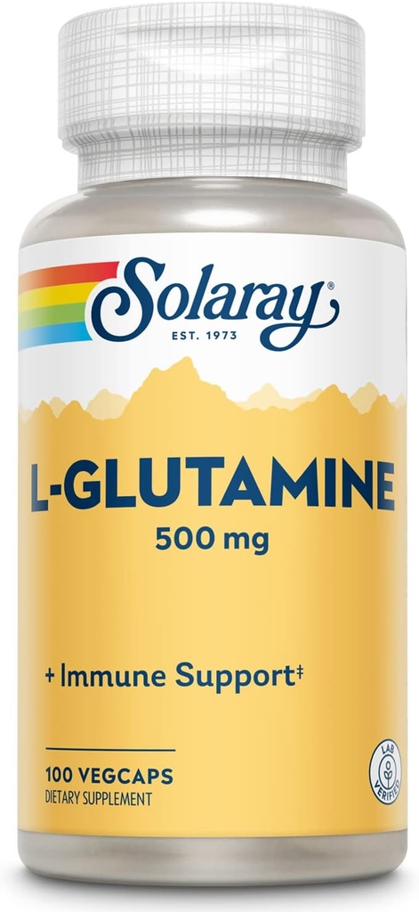 SOLARAY L Capsules de glutamine 500 mg - Supplément de soutien immunitaire - Acides aminés libres - Garantie de remboursement de 60 jours de laboratoire vérifiée - 100 portions, 100 VegCaps