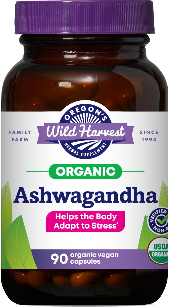 Gélules végétales à base de plantes certifiées biologique Ashwagandha Wild Harvest de l'Oregon, 1200 MGS, 90 Comte