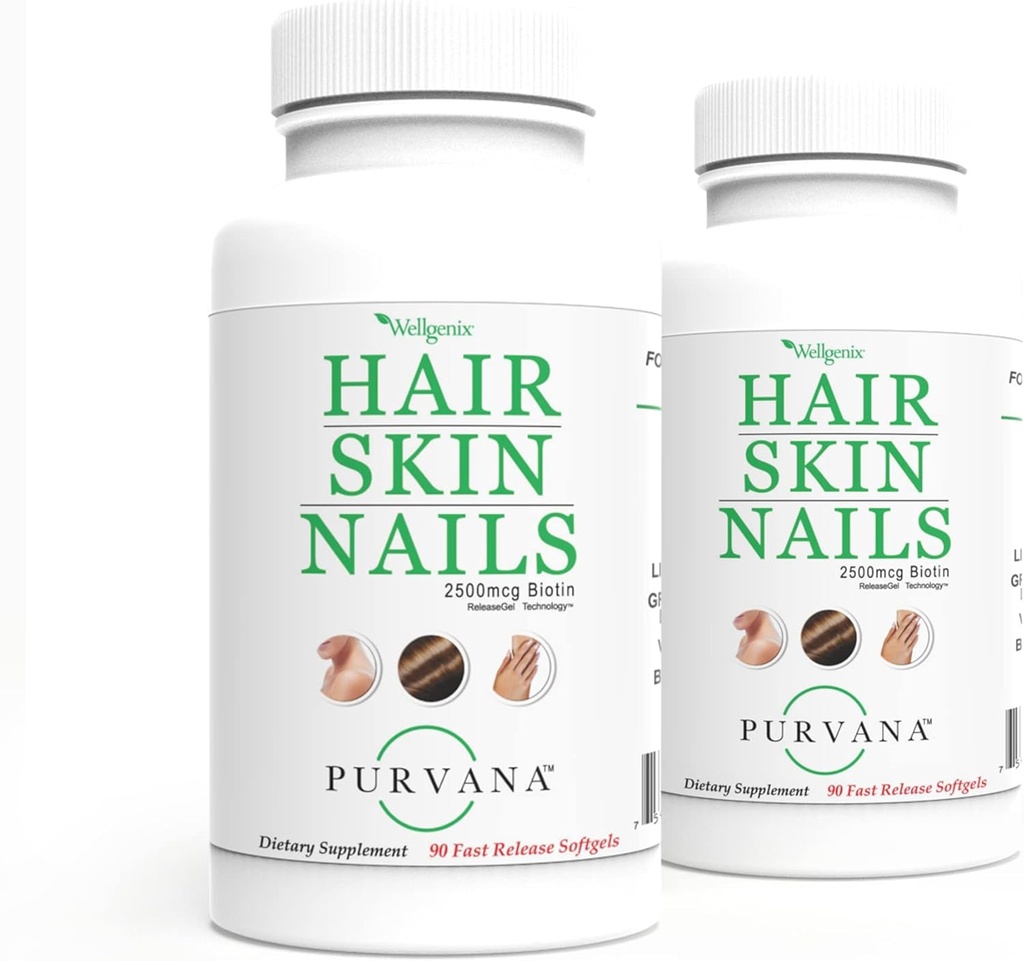 Wellgenix Purvana Hair, Skin, and Nails Vitamin Softgels for High Absorption - Double Strength 2500mcg Biotin, VIT A & B (90 Count) 2 Pack