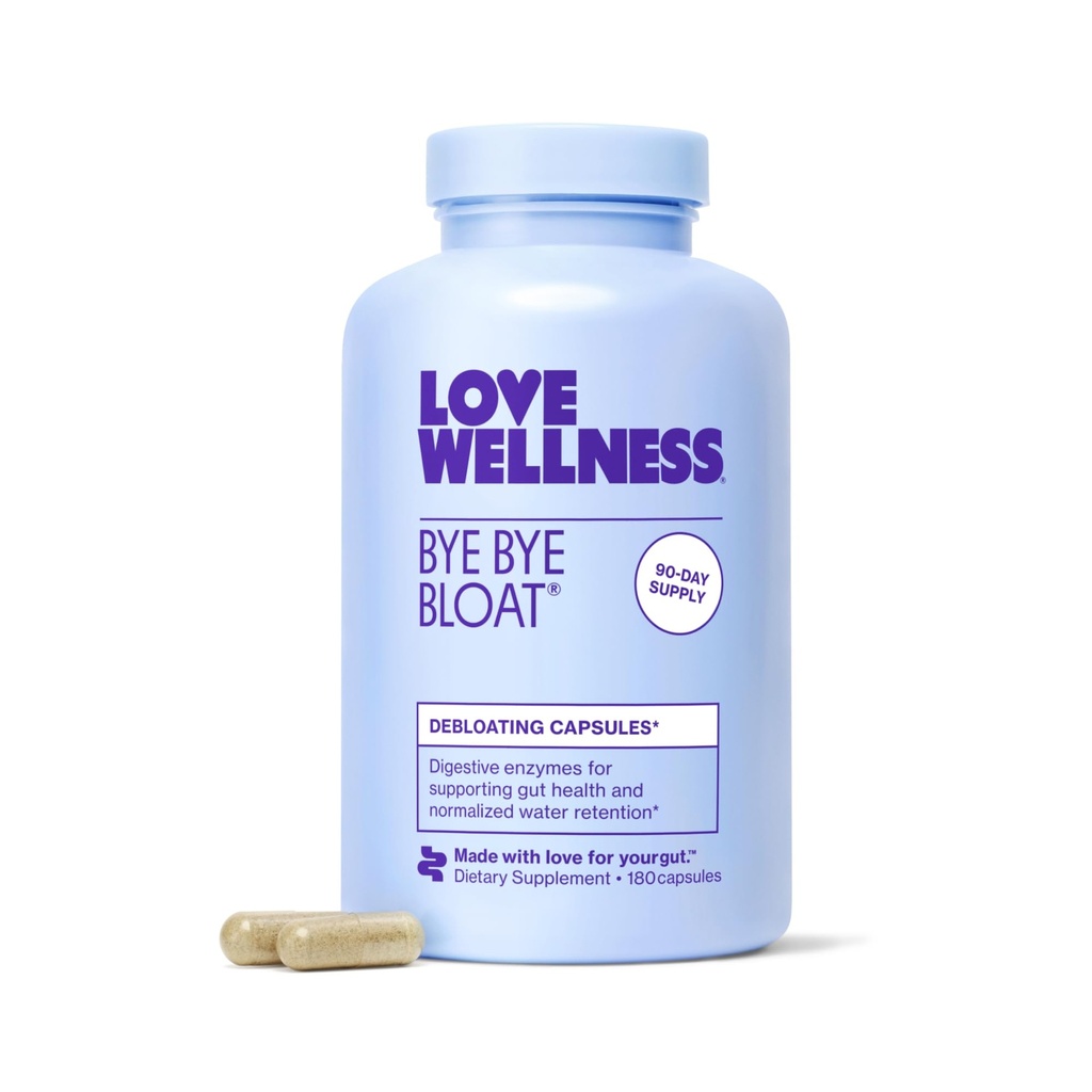 Love Wellness Bye Bye Bloat, Enzymes Digestions Relief Bloating pour les femmes Aidez à réduire le dégazage et la rétention d'eau.