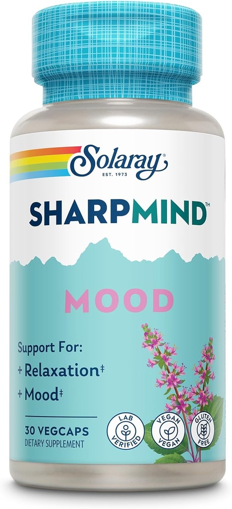 SOLARAY Supplément de soutien à l'humeur SharpMind, Nootropic pour la relaxation et le soulagement du stress, Zembrin, Basilic Saint, Lithium 5mg, Champignon bio Reishi, garantie de 60 jours, 30 portions, 30 VegCaps