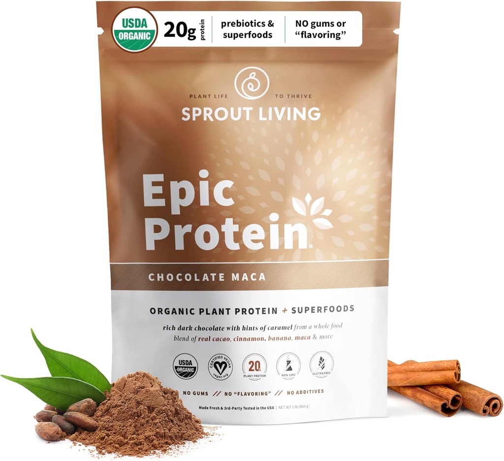 Sprout Living Protéine épique, Protéines végétales et superaliments Poudre, Chocolate Maca Poudre de 20 grammes de poudre de protéines organiques, végétalien, non laitière, non-OGM, sans gluten, faible sucre (1 livre, 12 portions)