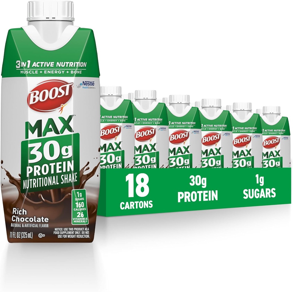 BOOST MAX Protein Shakes Prêt à boire - 30g High Protein Shake - Chocolat ► Boissons alimentaires pour soutenir la récupération musculaire après l'exercice, 26 vitamines et minéraux, 1g sucre, 11 fl oz (paquet de 18)