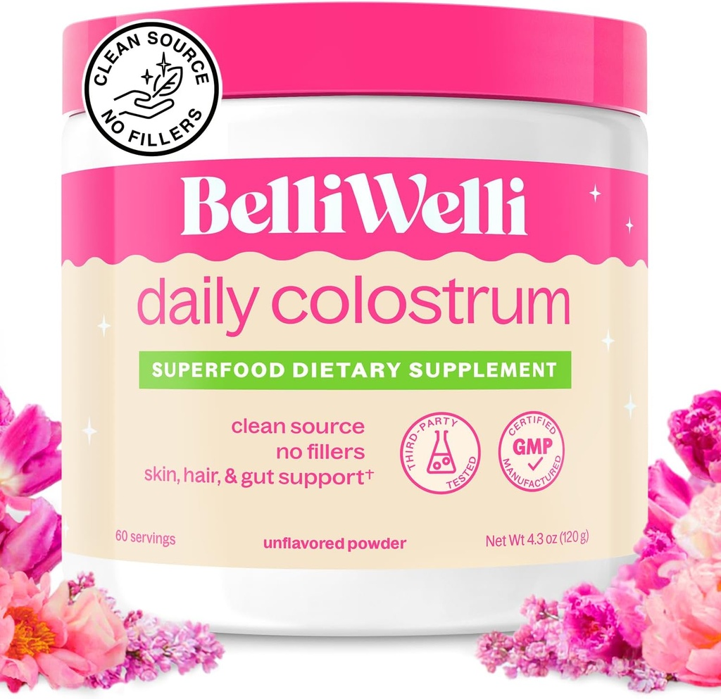 Belli Welli Premium Bovine Colostrum Powder, biologique, gazonnée, haute puissance, santé de la peau et immunitaire, supplément super-alimentaire pour les adultes (60 portions)