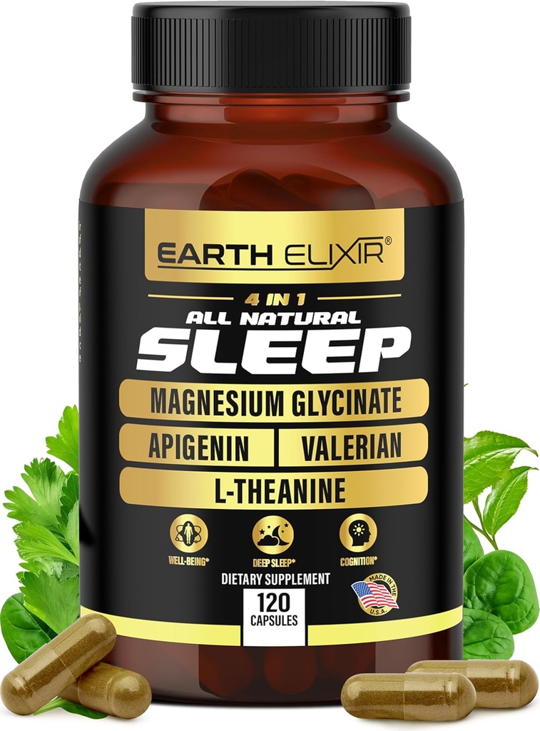 Terre Elixir 4-en-1 Aide au sommeil (120 capsules) avec/Apigenin 50mg, Magnésium Glycinate 200mg, L Theanine 200mg et racine valériane pour aide au sommeil 300mg