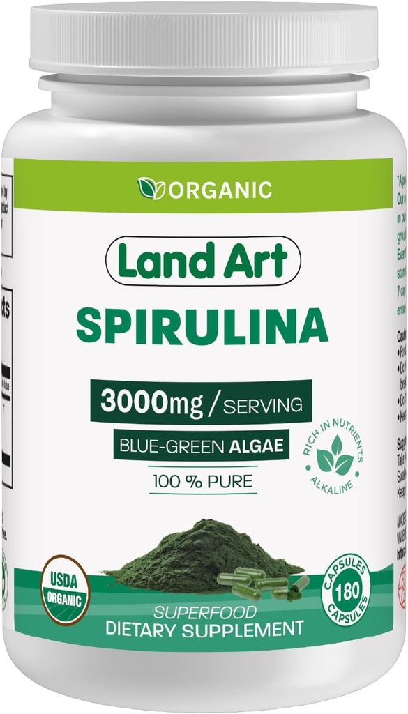 Land Art Certified Organic Spiruline - 180 capsules - Superfood- Riche en minéraux, vitamines et protéines - Vegan