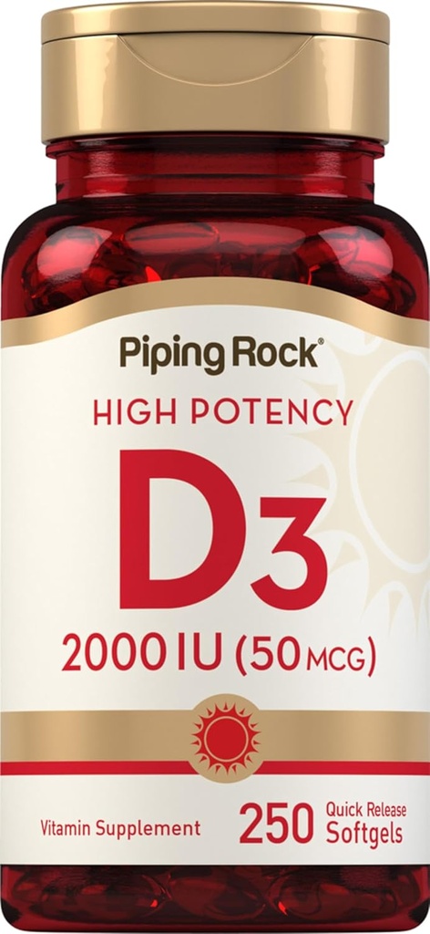 Piping Rock Vitamine D3 2000 UI , 250 Softgels , supplément de cholecalciférol , sans gluten