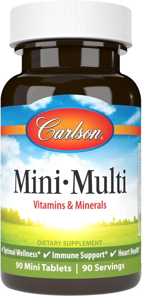 Carlson - Mini-Multi, Vitamines & Minéraux, Immune Support & Heart Health, Optimal Wellness, 90 mini comprimés.