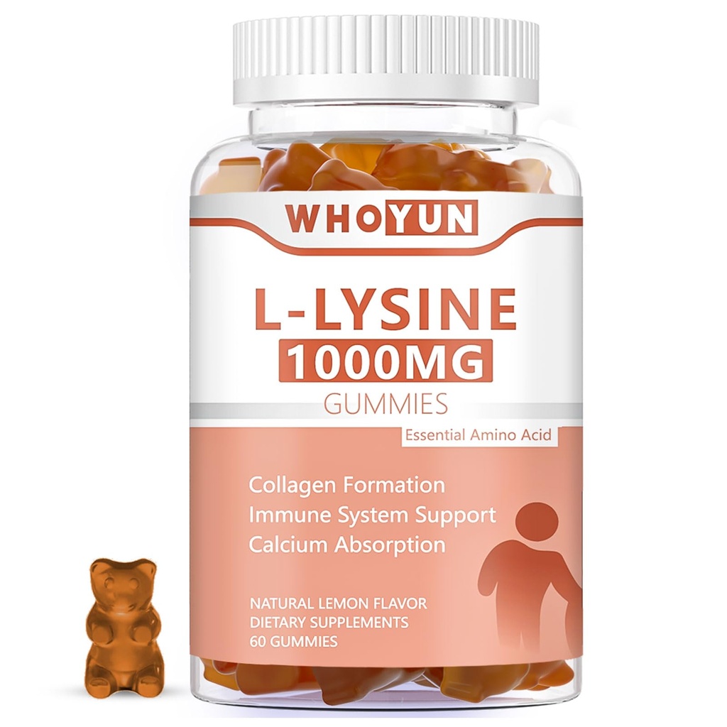 L-Lysine 1000mg Gummies, Supplément Lysine à croquer pour adultes, Soutien immunitaire, Soutien de la formation de collagène, Lemon Flavor, 60 Comte