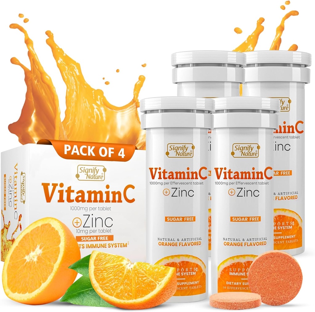 SIGNIFY NATURE Vitamine C 1000mg Comprimés effervescents - Potent Immune Support VIT C avec supplément de zinc - sans sucre et formule végétalienne