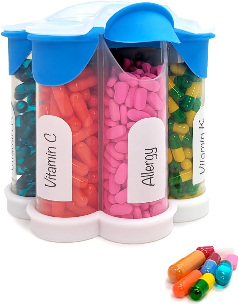 Extra Large Pill Organizer Daily, Weekly, Monthly Supplement Bottle, Cute Blossom Pill Dispenser with 7 XL Compartments, Easy-Open Pill Box for Vitamins, Medications, Labels Included (Blue)