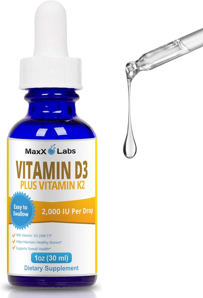 Vitamine D3 K2 gouttes liquides - Vitamine liquide D3 2000 UI Par goutte avec des suppléments K2 pour les adultes et les enfants - VIT D pour la santé des os, du coeur et de l'immunité - Vitamine D K2 MK7 Dropper 1 Oz