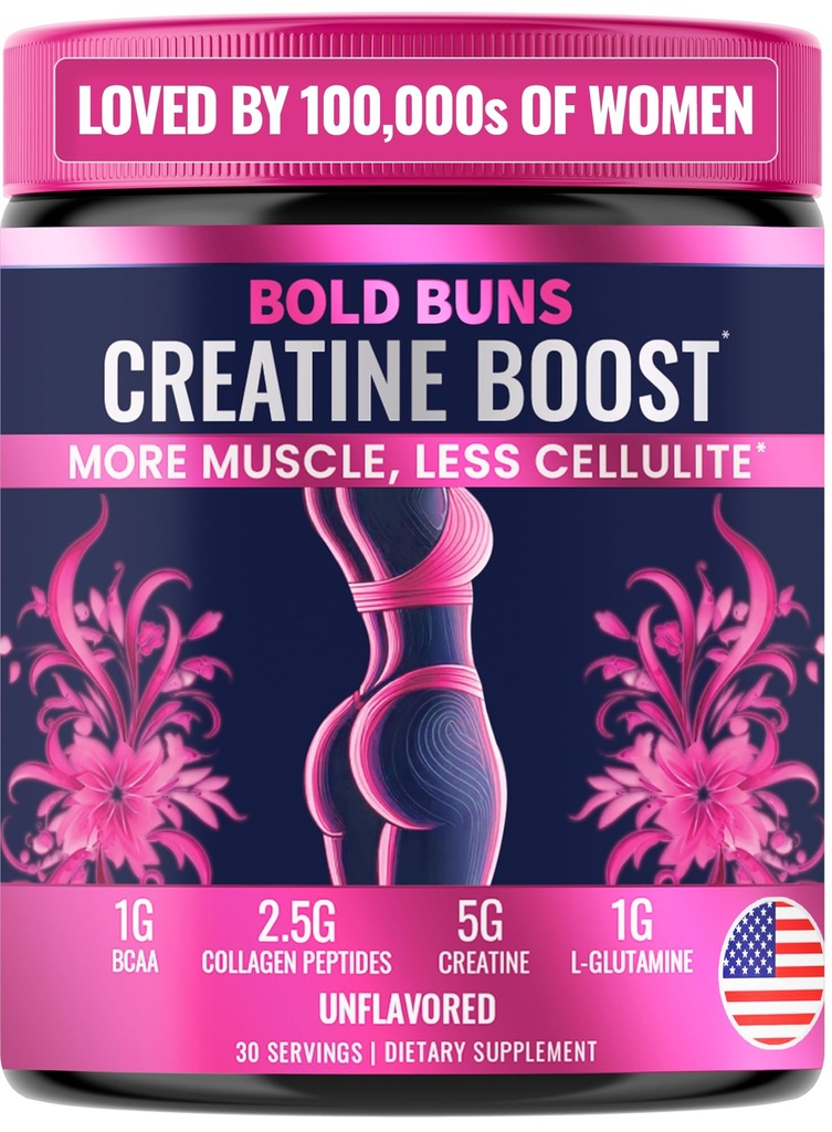 Bull Buns Créatine pour les femmes – Supplément Booty Builder avec Collagen & BCAA – Soutient le développement musculaire, la récupération après l'entraînement, l'élasticité de la peau, cheveux sains et ongles – 30 portions