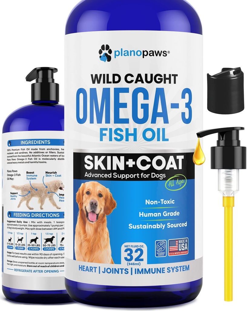 Omega 3 Huile de poisson pour chiens - Meilleur que l'huile de saumon - Supplément d'huile de poisson pour chiens pour réduire le défrichement et les démangeaisons - Soutient la santé des articulations, du cerveau et du coeur - Supplément de peau et de manteau - Huile de poisson liquide