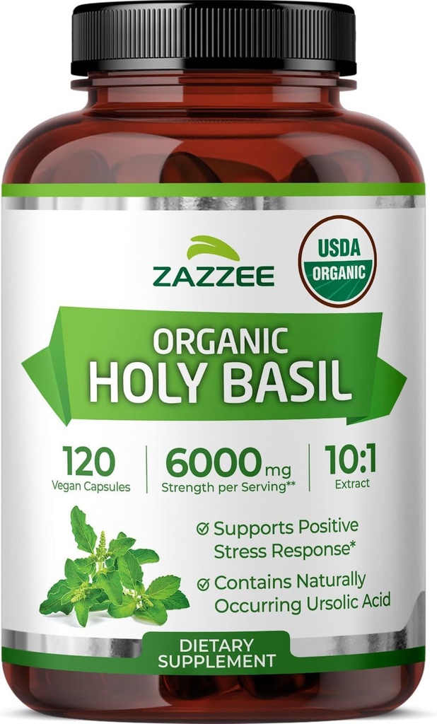 Zazzee USDA Organic Holy Basil 10:1 Extrait, 6000 mg Résistance, 120 Capsules Vegan, concentré et normalisé 10X Extrait de Tulsi, acide ursolique, 100% certifié biologique, non-OGM