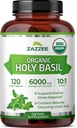 Zazzee USDA Organic Holy Basil 10:1 Extrait, 6000 mg Résistance, 120 Capsules Vegan, concentré et normalisé 10X Extrait de Tulsi, acide ursolique, 100% certifié biologique, non-OGM