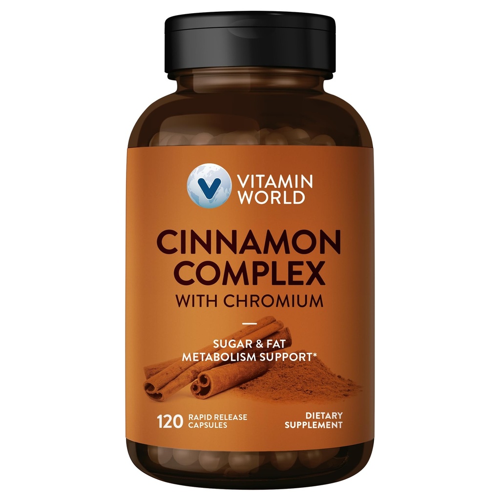 Complexe de la cannelle à la vitamine mondiale avec chrome, suppléments de 1000 mg de cannelle avec chrome à haute puissance pour un métabolisme sain et une protection antioxydante, 120 capsules, 2 mois d'approvisionnement, sans gluten