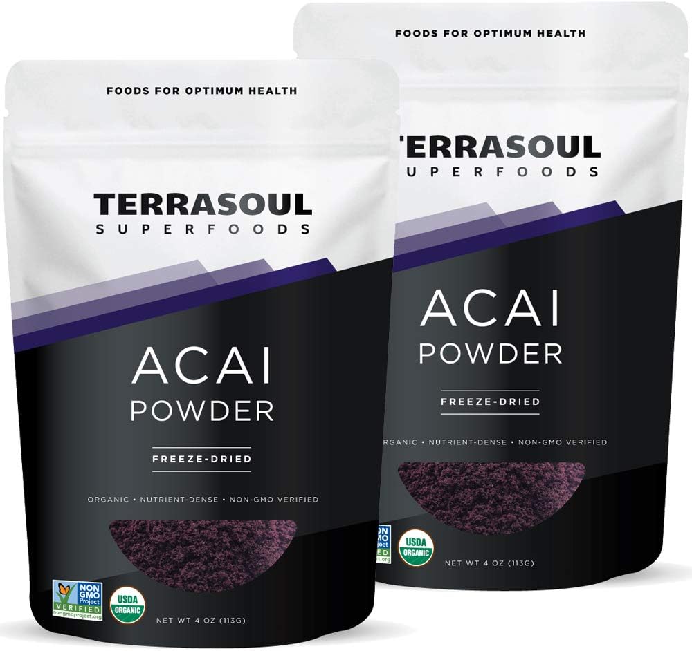 Terrasoul Superfoods Poudre de baies d'açai biologique, 4 oz (paquet de 2), congelé-séché pour la fraîcheur, Omega Fats Boost pour les bols de smoothie, et les recettes de superaliments emballés antioxydants