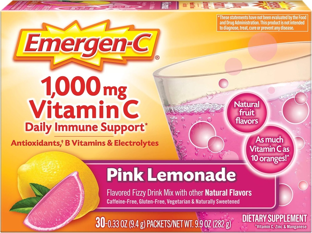 Emergen-C 1000mg Poudre de vitamine C, avec des antioxydants, des vitamines B et des électrolytes, suppléments d'immunité pour le soutien immunitaire, mélange de boissons gazeuses sans caféine, goût de citronnade rose - 30 Compte (paquet de 12)