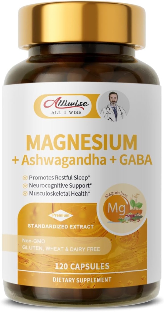 Supplément de magnésium + Ashwagandha & GABA, Magnéium Glycinate, Taurat, Complexe de Malate pour le sommeil des clams, Récupération des muscles, Nerves, & Soutien énergétique, Vegan à haute absorption, Non-OGM - 120 ct