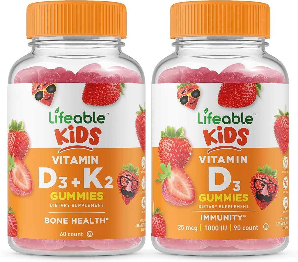 Vitamine vivante D3 + Vitamine K2 Enfants + Vitamine D Enfants, Gommies - Grande dégustation, supplément de vitamine, sans gluten, sans OGM, gommy à croquer