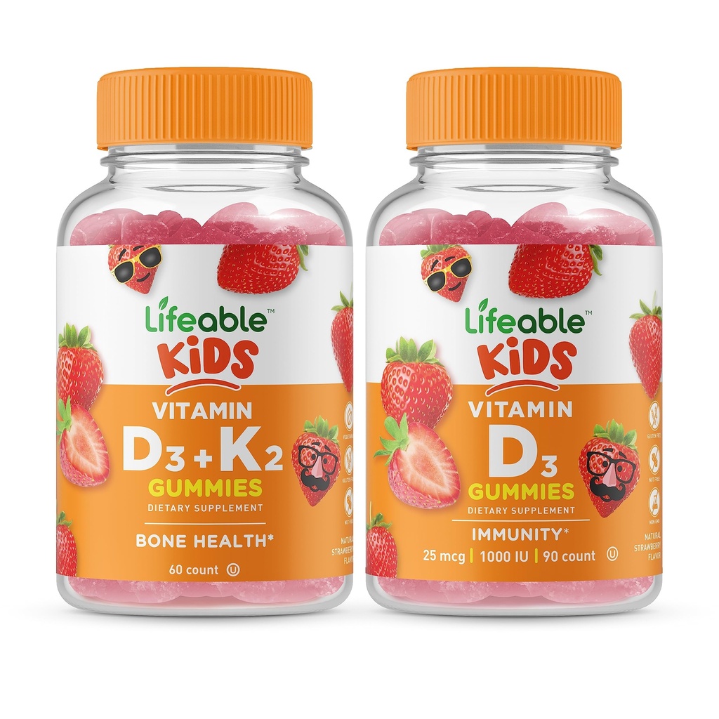 Vitamine vivante D3 + Vitamine K2 Enfants + Vitamine D Enfants, Gommies - Grande dégustation, supplément de vitamine, sans gluten, sans OGM, gommy à croquer