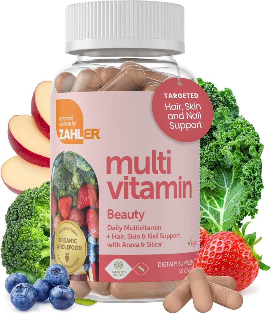 Zahler Multivitamin Beauty, Daily Multivitamin +Skin Hair and Nails Support, pour les femmes et les hommes avec fer, certifié Kosher, 60 Capsules