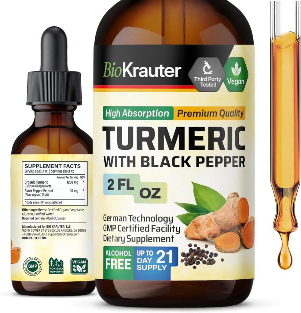 BIO KRAUTER Turmeric Supplement Tincture - 1200 mg Turmeric Curcumin with Black Pepper Extract - Alcohol and Sugar Free - Vegan Drops 2 Fl.Oz.