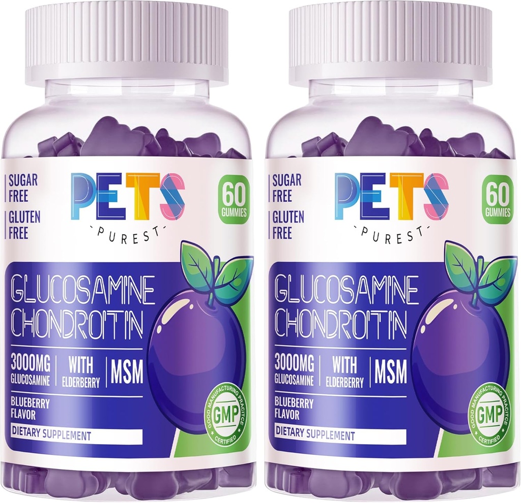 Animaux de compagnie Purest Glucosamine Chondroitin Gummies avec MSM & Elderberry Extra Strength - Joint Support, Antioxydant Immune Support Supplément pour Adultes, Hommes et Femmes.(2 Pack) Blueberry