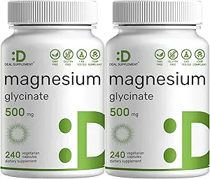 2 Pack Magnésium Glycinate 500mg, 480 Capsules de Véggie.100% Chélaté pour l'absorption facile.