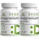 2 Pack Magnésium Glycinate 500mg, 480 Capsules de Véggie.100% Chélaté pour l'absorption facile.