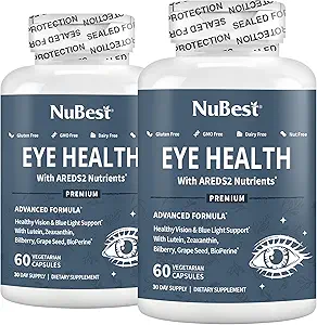NuBest AREDS 2 Vitamines oculaires avec bêta-carotène en poudre, 20mg Lutéine, 4mg Zeaxanthin, Bilberry, Graines de raisin, BioPerine, B-Complexe, Multivitamine pour la santé des yeux
