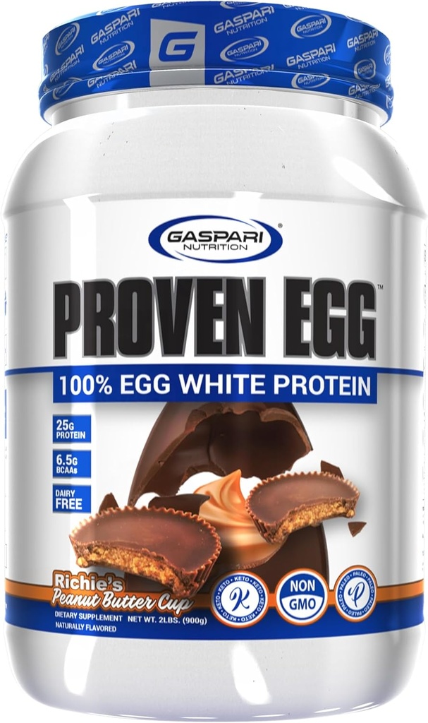 Gaspari Nutrition Oeufs prouvés, 100% Protéines blanches d'oeufs, 25g Protéines, Keto Friendly, Sans lait et sans lactose, Sans soja (2 lbs, tasse de beurre d'arachide)