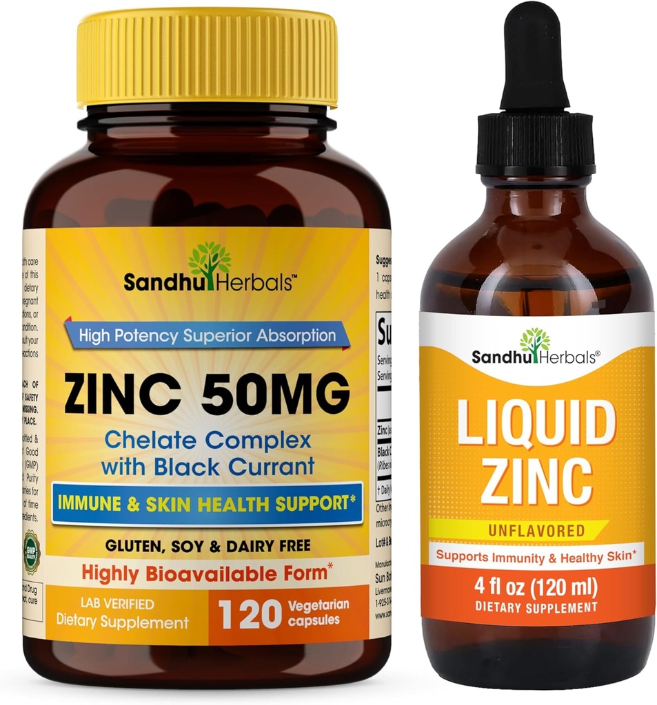 SANDHUHERBALS Zinc 50mg Capsules Bundle avec gouttes de zinc liquide.