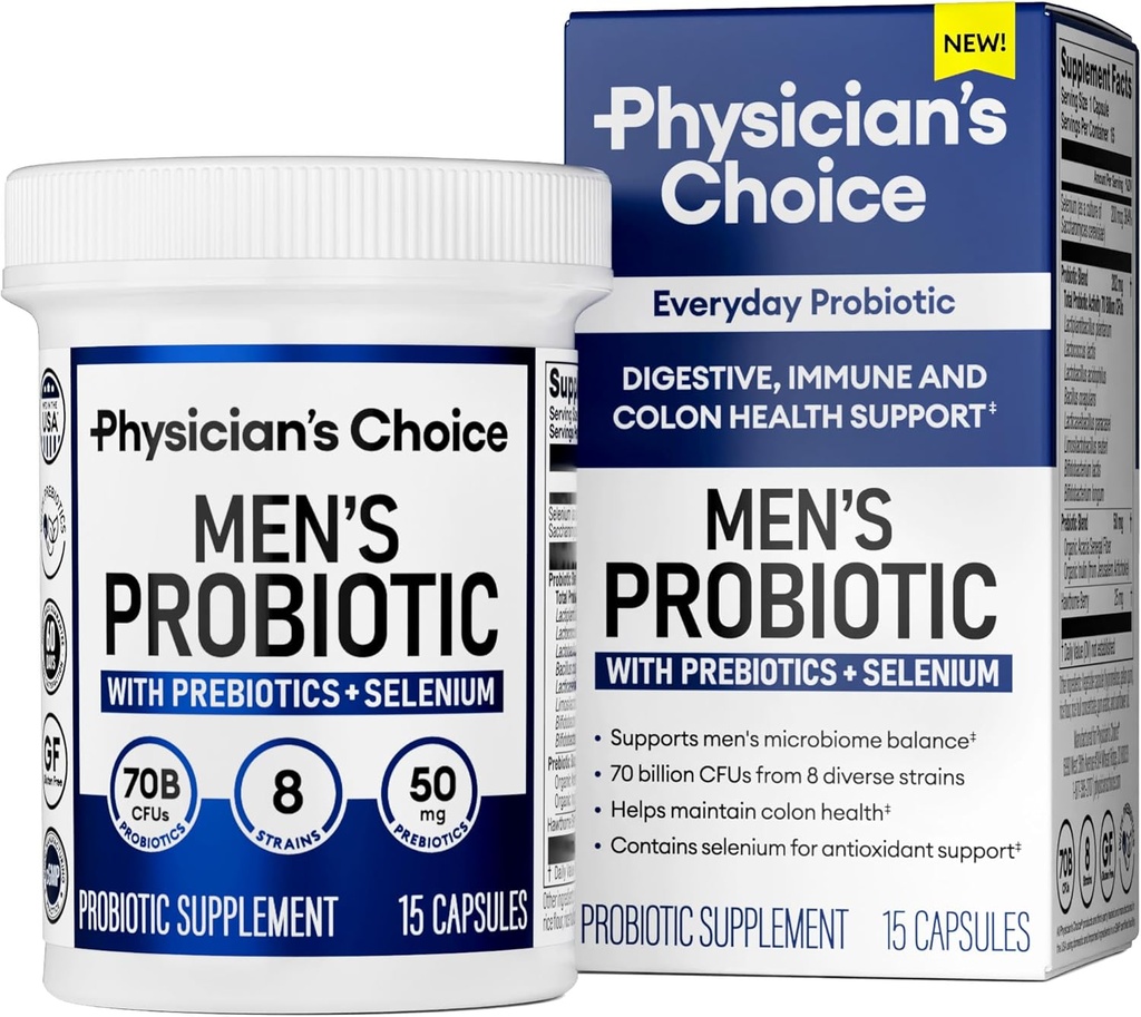 Choix du médecin Probiotiques pour les hommes - 70 milliards UFC - 8 souches - Sélénium et prébiotiques - Soutient la santé digestive, le microbiome, le colon et la santé immunitaire - Probiotique masculin avancé - 15ct Taille de l'échantillon