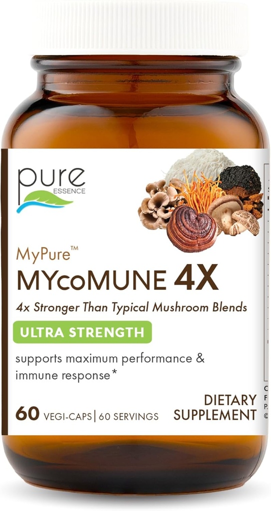 MYcoMune 4X Complément de champignons organiques - Reishi, Lion's Mane, Cordyceps, Chaga, Shiitake, Maitake pour système immunitaire, Combat Stress, Build Energy by Pure Essence - 60 Caps