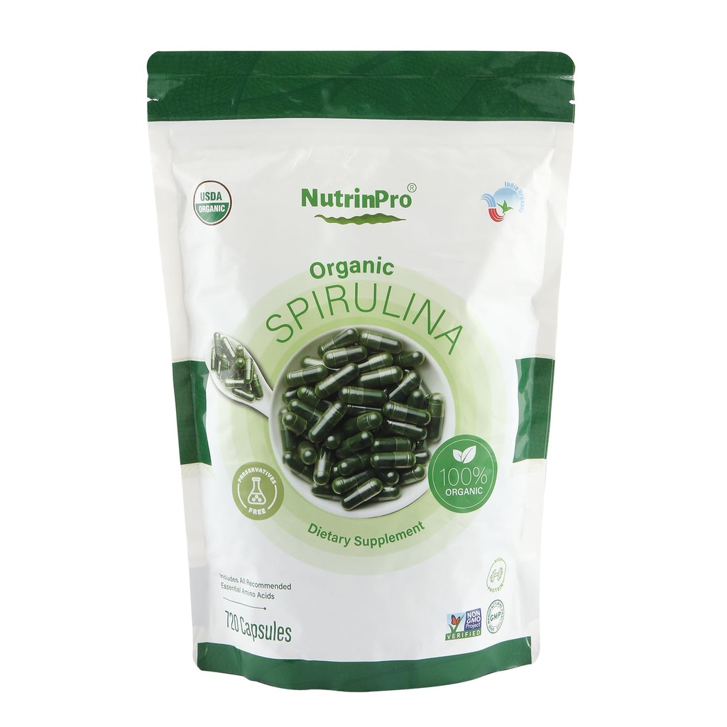Capsules de spiruline biologique de l'USDA - Supplément 100% végétalien pur, non-OGM, sans gluten, sans produits chimiques, (720)