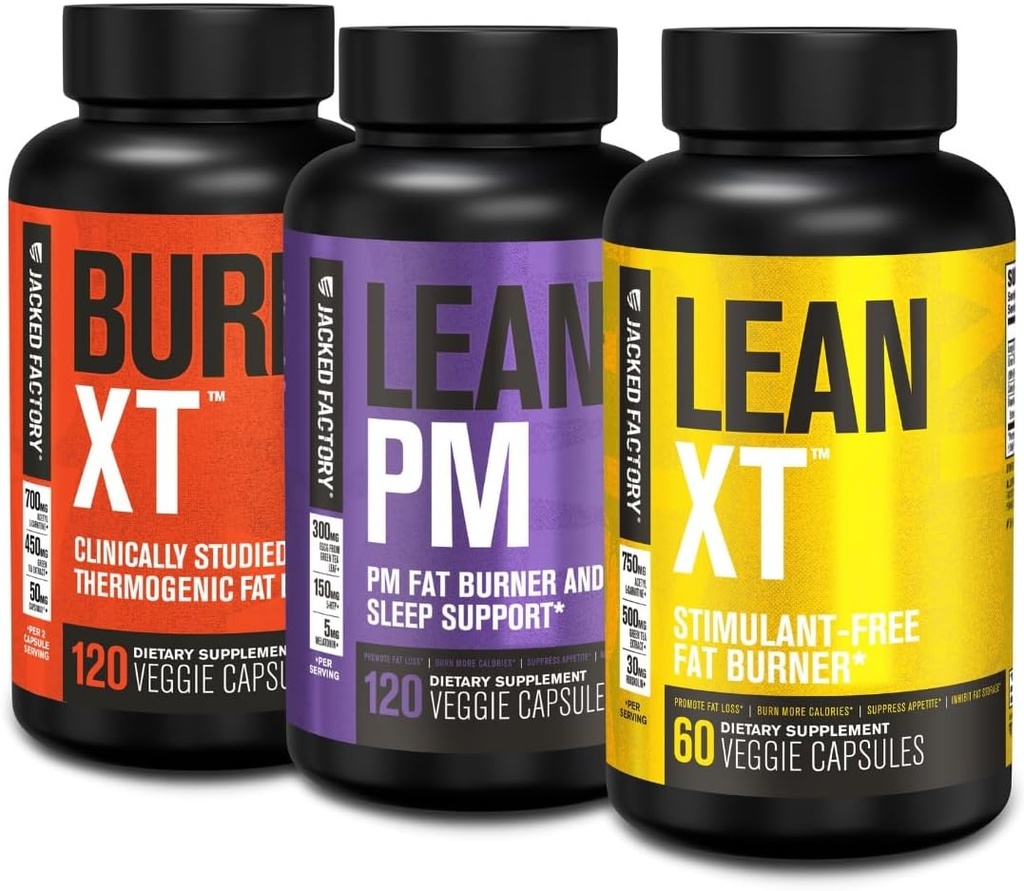 Brûlure de graisse thermogénique de l'usine Jacked Burn-XT (120 gélules), brûleur de graisse de nuit Lean PM et aide au sommeil (120 gélules), supplément de perte de poids sans caféine Lean-XT (60 gélules)