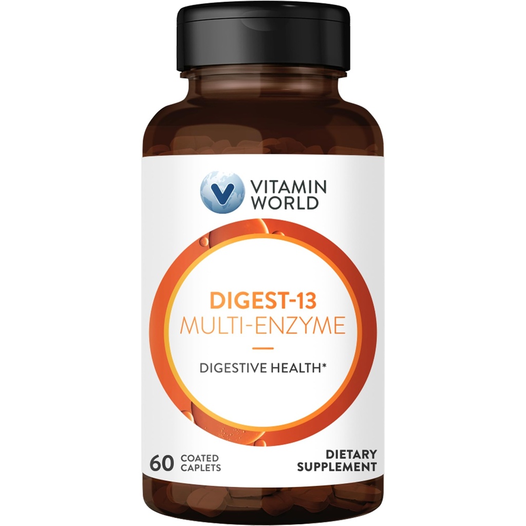 Vitamine World Digest-13 Multi-enzyme, 1010mg Mélange d'enzymes digestives avec Amylase, Bromelain, Papaine et Lipase pour la digestion et l'absorption, Enzymes digestives pour le soufflage et le gaz, 60 Caplets