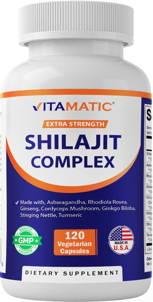 Capsules Vitamatic Shilajit Complex, faites avec Ashwagandha, Rhodiola, Ginseng, Cordyceps, Ginkgo, Nettle, Turmeric - 120 Capsules Veggie - Extra Strength Shilajit Extrait pour hommes et femmes