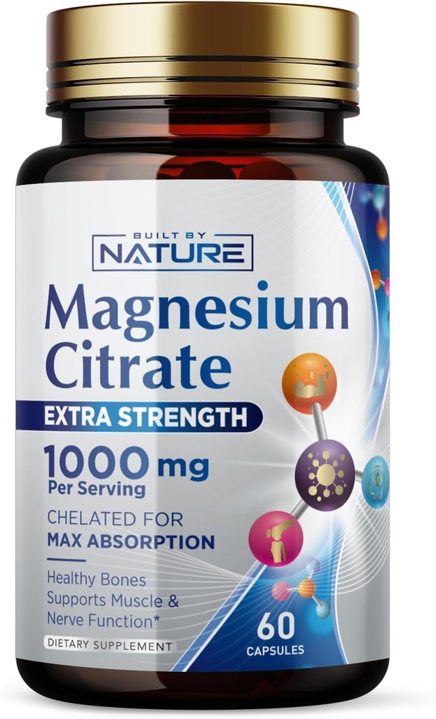Magnesium Citrate 1000mg - Max Absorption & High Potency Magnesium Complex Supplement for Heart, Muscle, Nerve, Bone Health & Stress Relief - Non-GMO, Gluten-Free - 60 Vegan Capsules