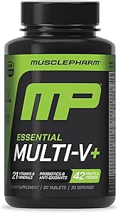 Muscle Pharm Essentials Multi-V+, The Athlete's Multi-Vitamin, Enhanced Energy, Performance & Immune Health, Daily Multivitamin for Men & Women with Minerals Plus Probiotics, 90 Tablets, 30 Servings