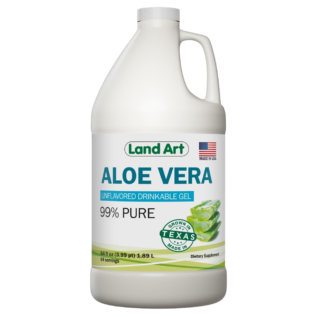 Land Art - Gel d'Aloe Vera biologique pour le soulagement des brûlures d'estomac et des reflux acides - 99,7 % Pure - Produit à froid - Améliore la santé digestive - Apaisant et naturel - Vegan & sans gluten - 64 fl oz