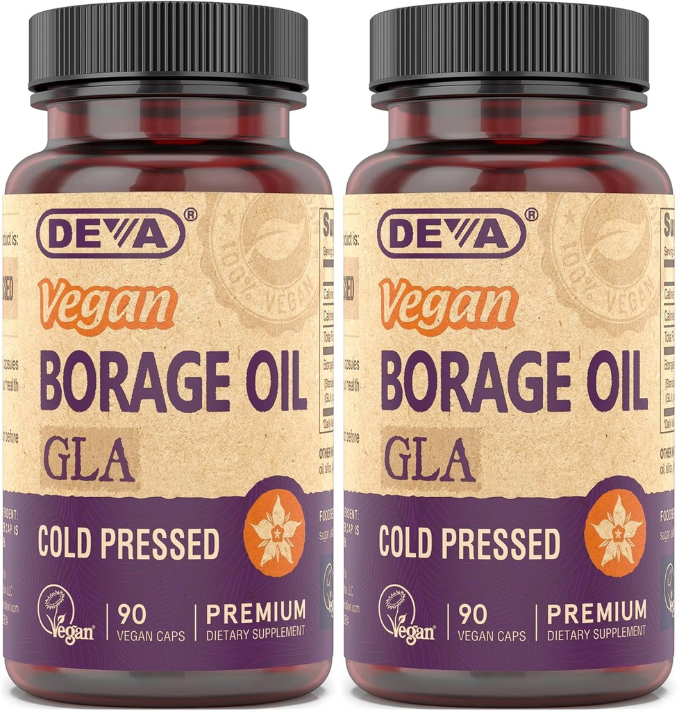 DEVA Vitamines végétales, huile de bore 500mg, source d'acide gras oméga-6 GLA (acide linolénique gamma), pressé et non raffiné à froid, 90 comprimés (paquet de 2)