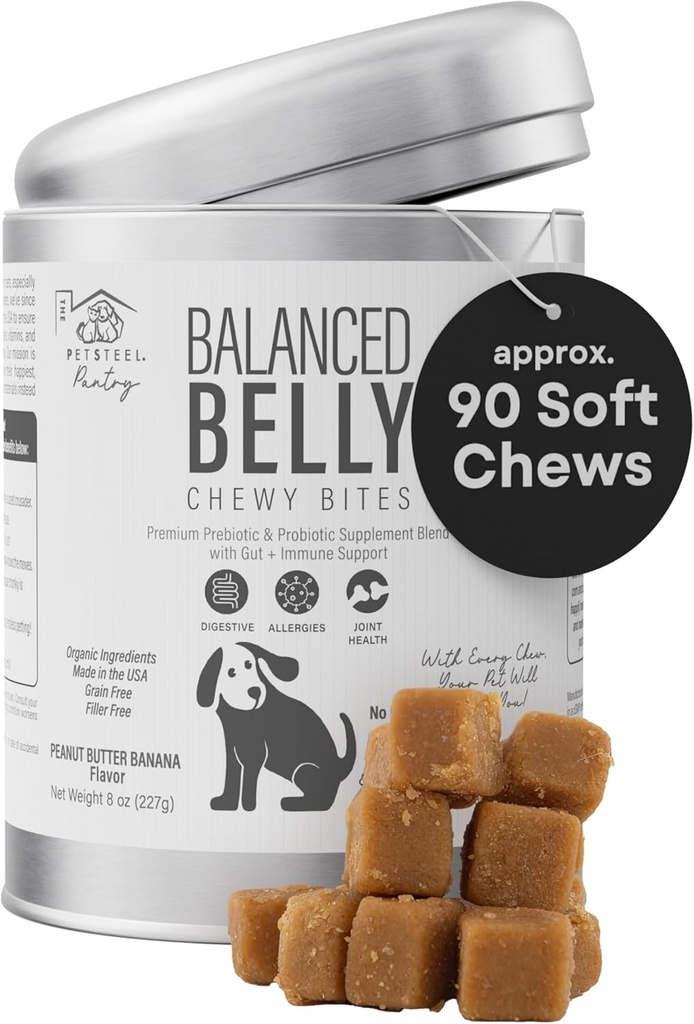 Probiotiques Belly équilibrés pour chiens – Santé digestive Chews avec prébiotiques, allergie et soutien articulaire – Supplément pour chiens probiotiques pour la santé de Gut, soulagement de la diarrhée et peau démangeaison – 90 Chews doux