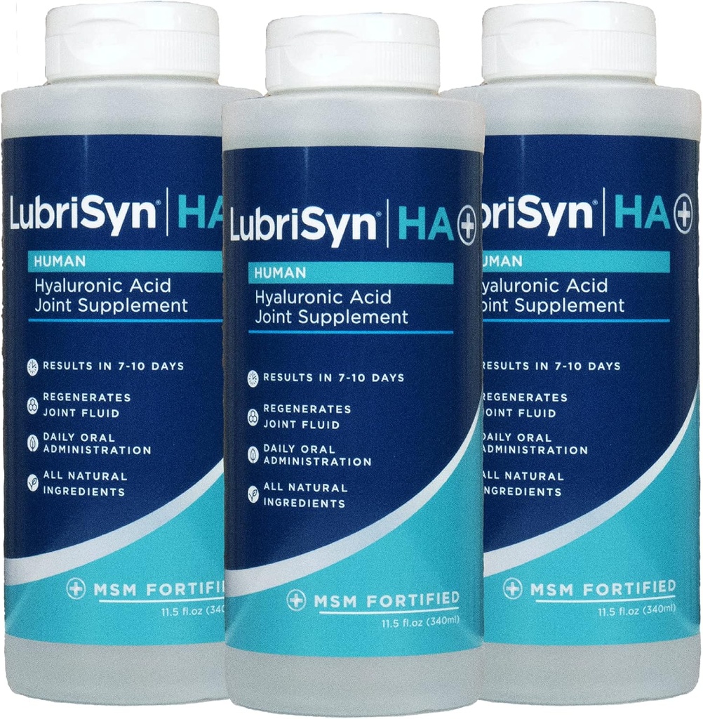 Lubrisyn Acide hyaluronique Supplément articulaire oral avec MSM – Formule HA liquide pour les humains – favorise le soutien, la mobilité, la flexibilité, l'hydratation et la santé des hommes et des femmes – 3 x 11,5oz